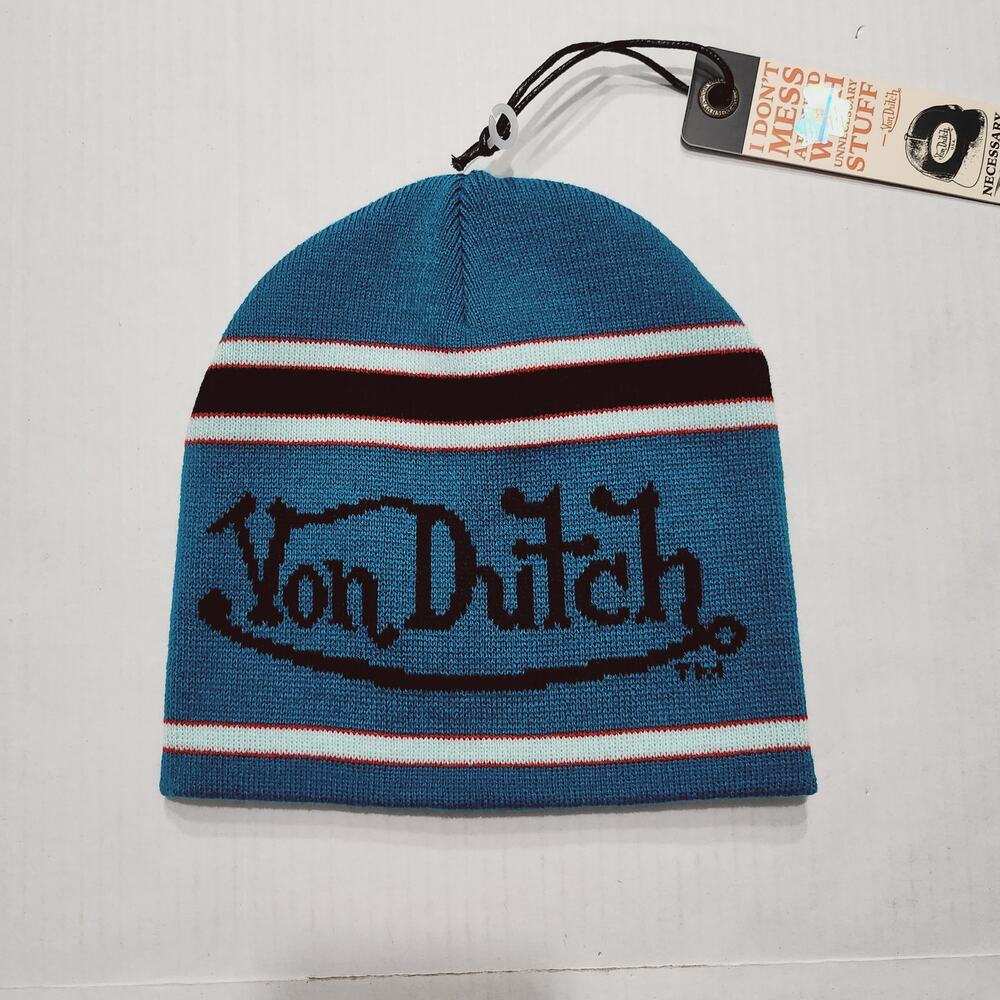 Mens Size O/S Von Dutch Beanie Cap Classic Winter Warm Striped Teal White